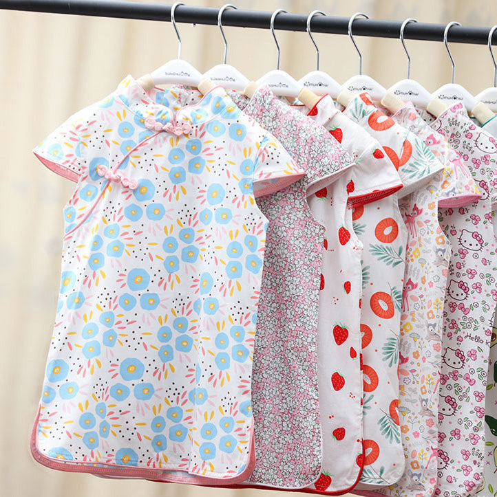 Baby Kids Girls Pink w Strawberries n Flowers Cheongsam Dress Racial Harmony Day CNY Chinese New Year Outfit - Little Kooma
