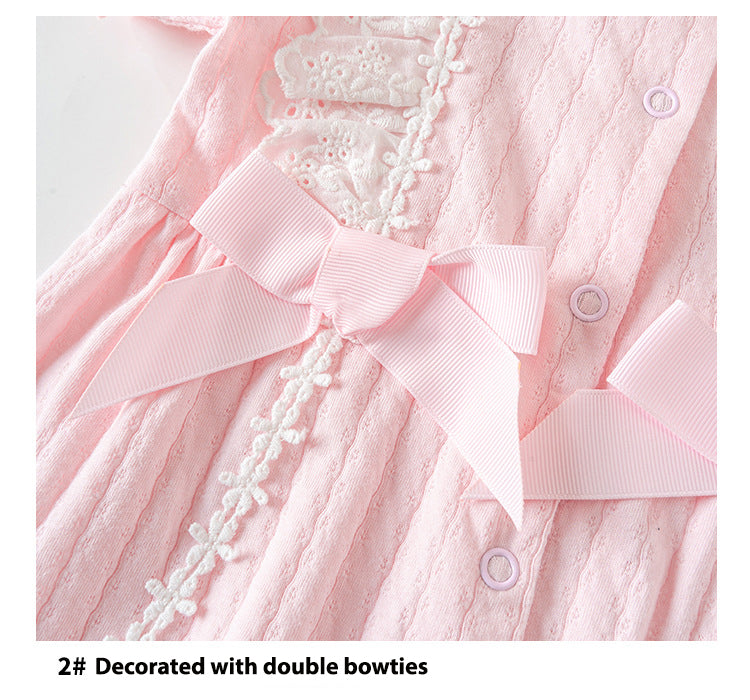 Baby Girl Double Bowtie Lace Trim Collar Puffed Sleeves Romper 21CX040 - Little Kooma