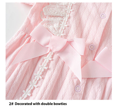 Baby Girl Double Bowtie Lace Trim Collar Puffed Sleeves Romper 21CX040 - Little Kooma