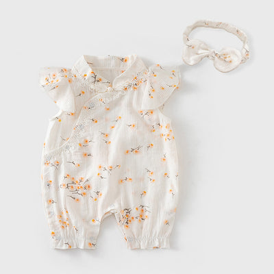 Baby Girl Little Flowers Cheongsam Romper n Headwrap 2pc Set - Little Kooma