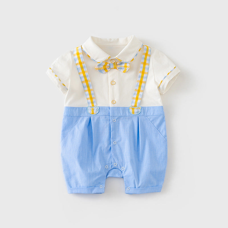 Baby Boy Fake Two Piece Plaid Bear Suspender Suit Romper w Bow - Little Kooma