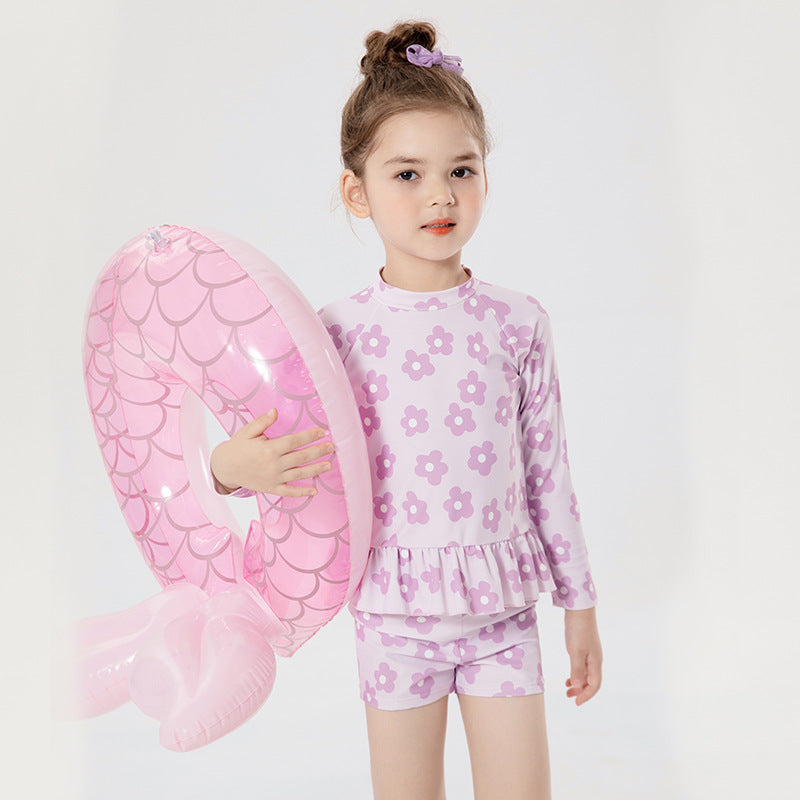 Baby Kids Girl's Purple Flower Prints Long Sleeves Two Piece Swimming Suit Top Shorts n Free Cap 907143 - Little Kooma