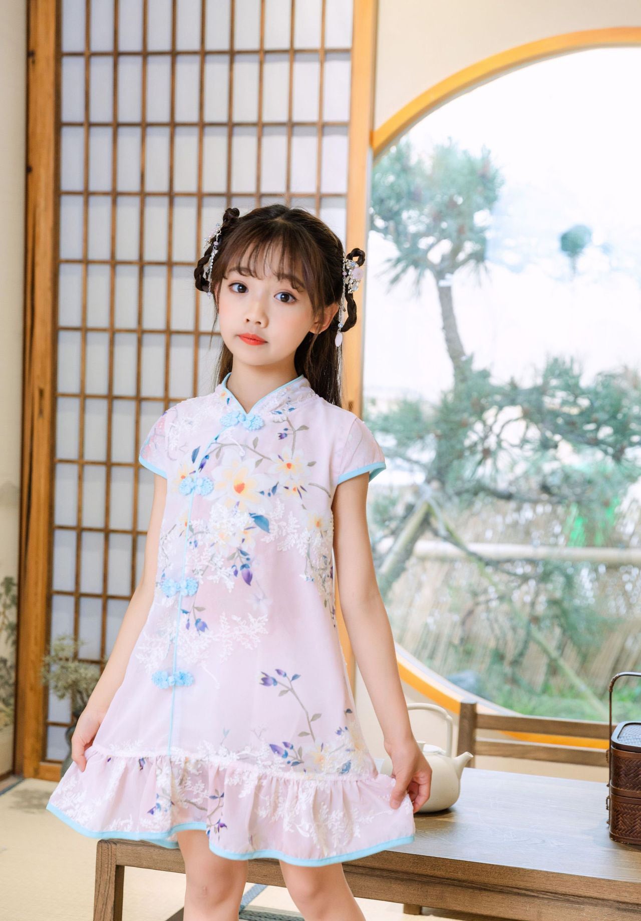 Kids Girls Trumpet Cheongsam Dress Flowers Cap Sleeves CNY Chinese New Year Outfit - Little Kooma