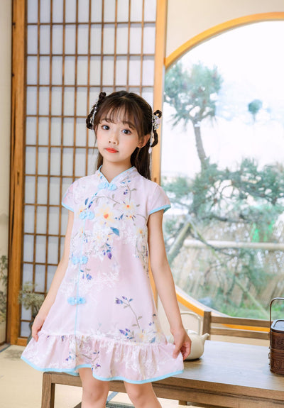 Kids Girls Trumpet Cheongsam Dress Flowers Cap Sleeves CNY Chinese New Year Outfit - Little Kooma