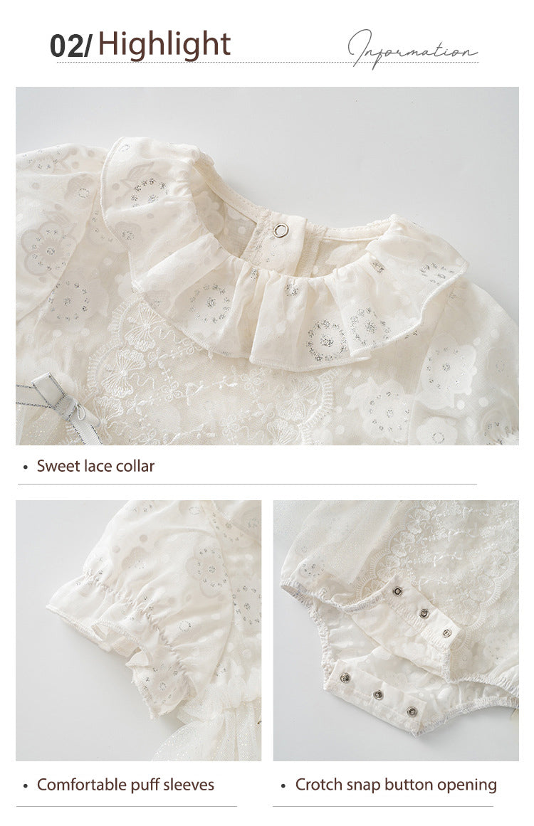 Baby Girl White Lace Puff Sleeves Big Wedding Confirmation Baptism Dress Bodysuit Dress n Headwrap 2pc Set - Little Kooma