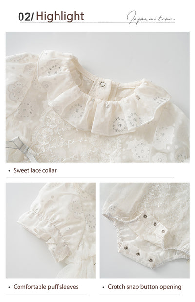 Baby Girl White Lace Puff Sleeves Big Wedding Confirmation Baptism Dress Bodysuit Dress n Headwrap 2pc Set - Little Kooma