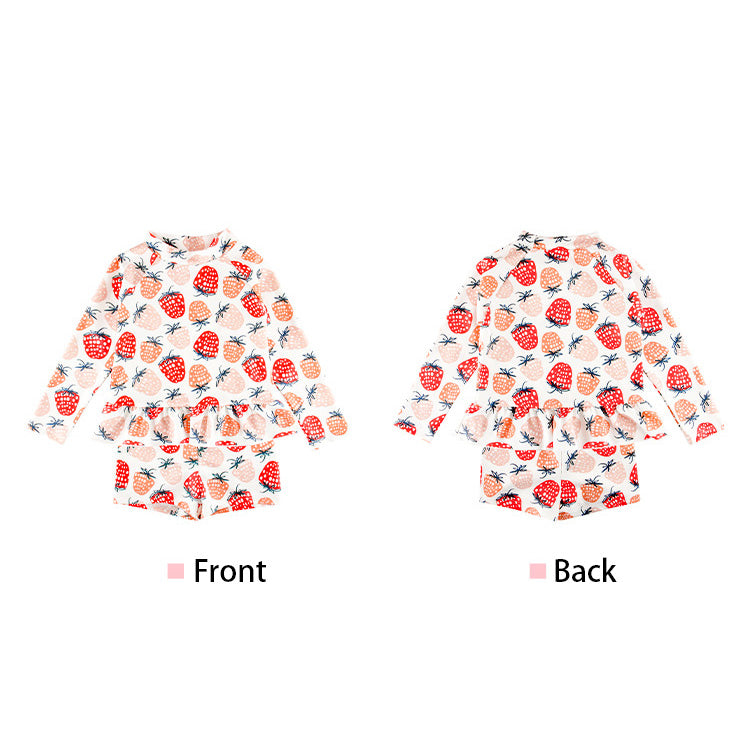 Baby Kids Girl's Strawberry Prints Long Sleeves Two Piece Swimming Suit Top Shorts n Free Cap 907052 - Little Kooma