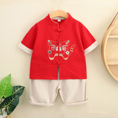 Kids Boys Cheongsam Set Top n Shorts Embroidered Tiger Racial Harmony Day CNY Chinese New Year Outfit - Little Kooma