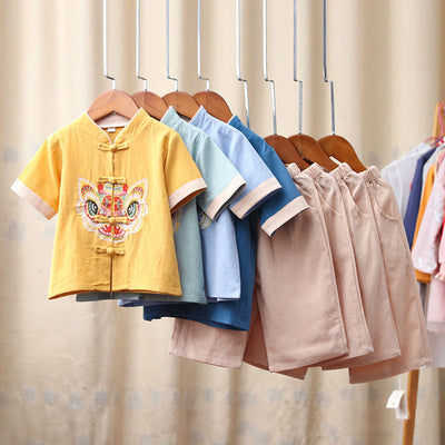 Kids Boys Cheongsam Set Top n Shorts Embroidered Dancing Lion Racial Harmony Day CNY Chinese New Year Outfit - Little Kooma