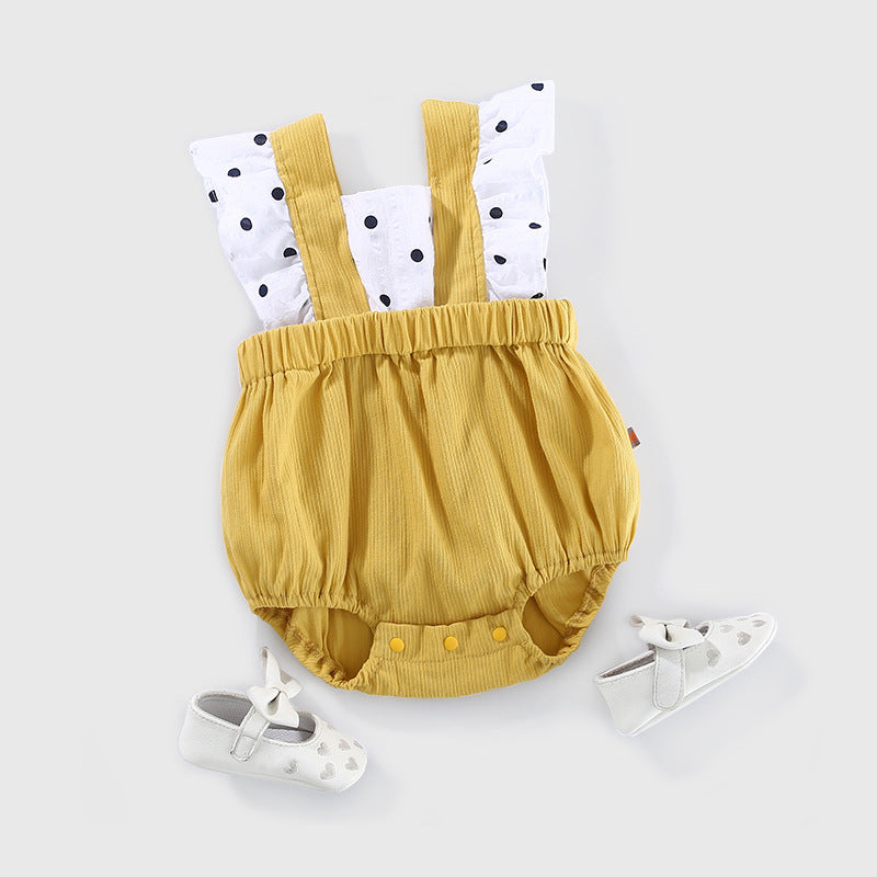Baby Girl Fake Two Piece Ruffled Sleeves Polka Dots Big Bowtie Bodysuit - Little Kooma
