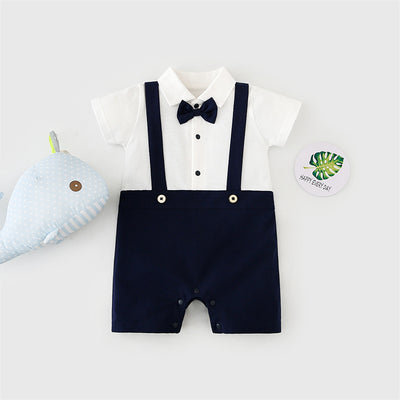 Baby Boy Fake Two Piece Suspender Suit Romper w Bow - Little Kooma