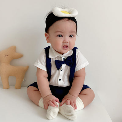 Baby Boy Fake Two Piece Suspender Suit Romper w Bow - Little Kooma