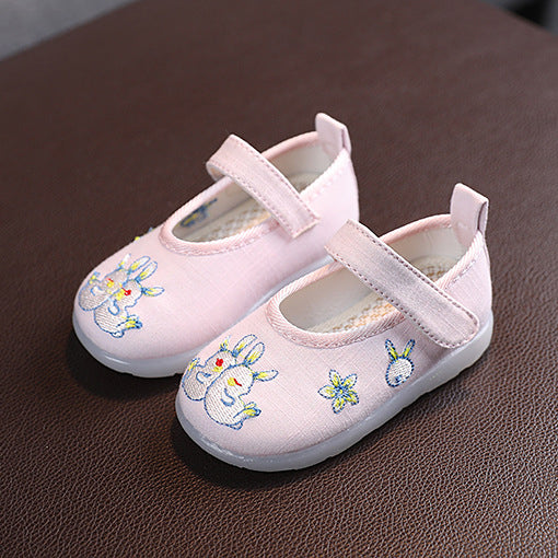 Baby Girl Textile Anti-slip Flats Embroidered Bunnies Cow Shoes Magic Tape BBX - Little Kooma