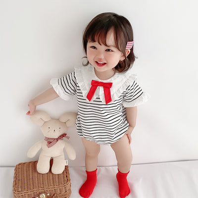 Baby Girl Ruffled Peter Pan Collar Big Red Bowtie Black Stripes Bodysuit - Little Kooma