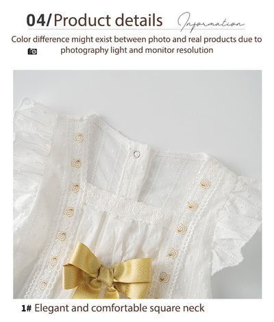 Baby Girl White Lace Ruffled Sleeves Big Golden Bowtie Bodysuit n Headwrap 2pc Set - Little Kooma