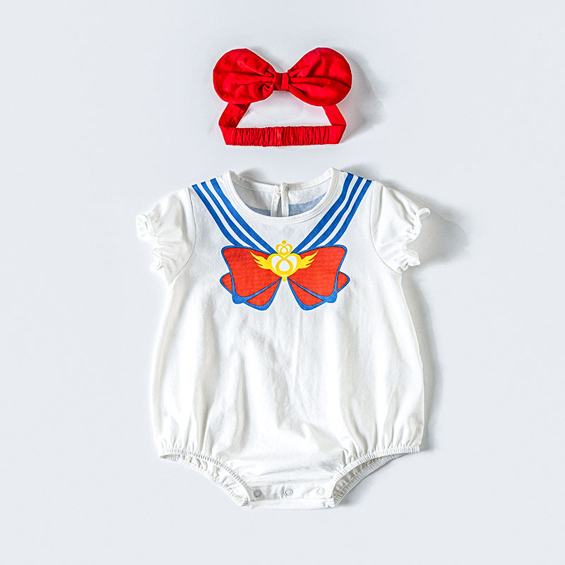 Baby Girl Puffed Sleeves Sailor Moon Bodysuit n Headwrap 2pc Set - Little Kooma