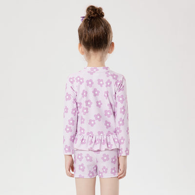 Baby Kids Girl's Purple Flower Prints Long Sleeves Two Piece Swimming Suit Top Shorts n Free Cap 907143 - Little Kooma