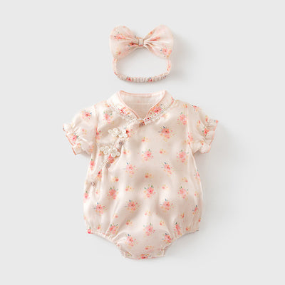 Baby Girl Puff Sleeves Pink Flower Prints Beige Voile Cheongsam Bodysuit n Headwrap 2pc Set - Little Kooma