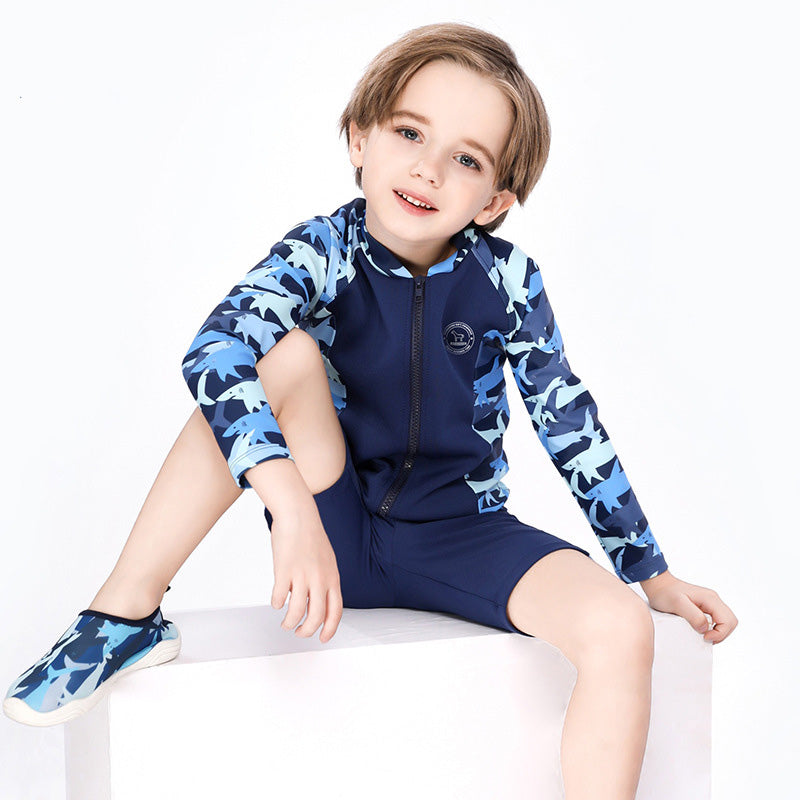 Baby Kids Boy's Camouflage Shark Prints Long Sleeves Two Piece Swimming Suit Top Shorts n Free Cap 908032 - Little Kooma