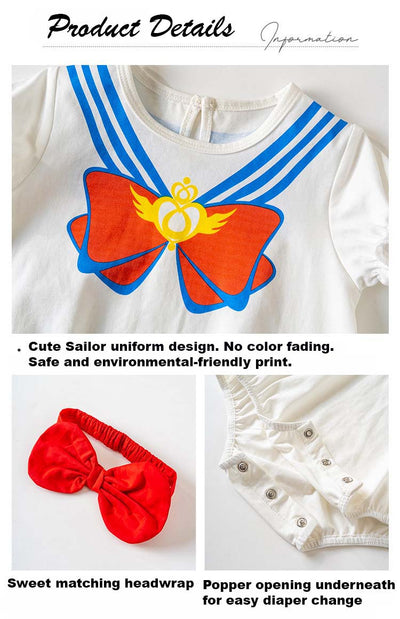 Baby Girl Puffed Sleeves Sailor Moon Bodysuit n Headwrap 2pc Set - Little Kooma