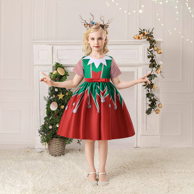 Kids Girls Short Stripe Sleeves Dress Red n Green Big Bowtie Christmas Outfit w Zip - Little Kooma