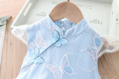 Kids Girls Butterfly Voile Cover Princess Cheongsam Dress Cap Sleeves CNY Chinese New Year Outfit - Little Kooma