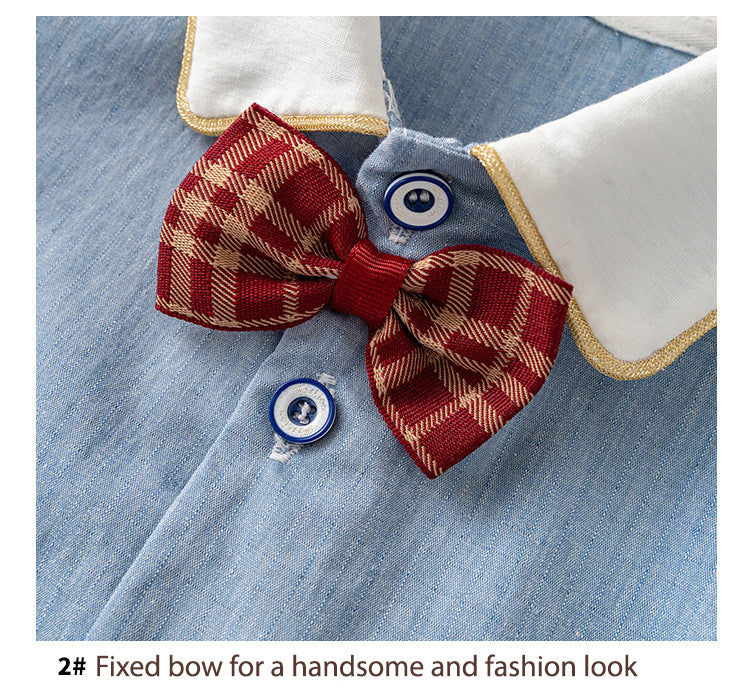 Baby Boy Panda White Collar Light Blue Suit Romper w Red Plaid Bow n Two Pockets - Little Kooma