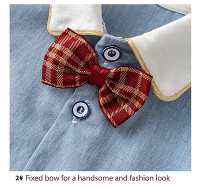 Baby Boy Panda White Collar Light Blue Suit Romper w Red Plaid Bow n Two Pockets - Little Kooma