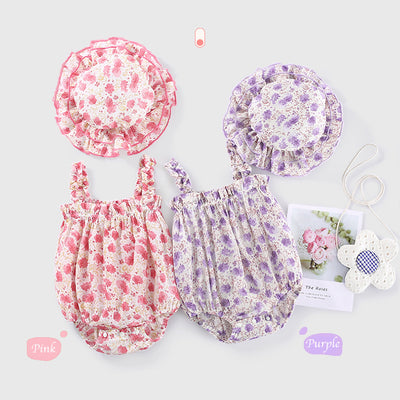Baby Girl Ruffled Hem Floral Camisole Romper n Hat 2pc Set - Little Kooma
