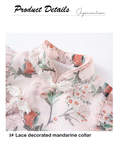 Baby Girl Ruffled Sleeves Floral Prints Cheongsam Bodysuit n Headwrap 2pc Set - Little Kooma