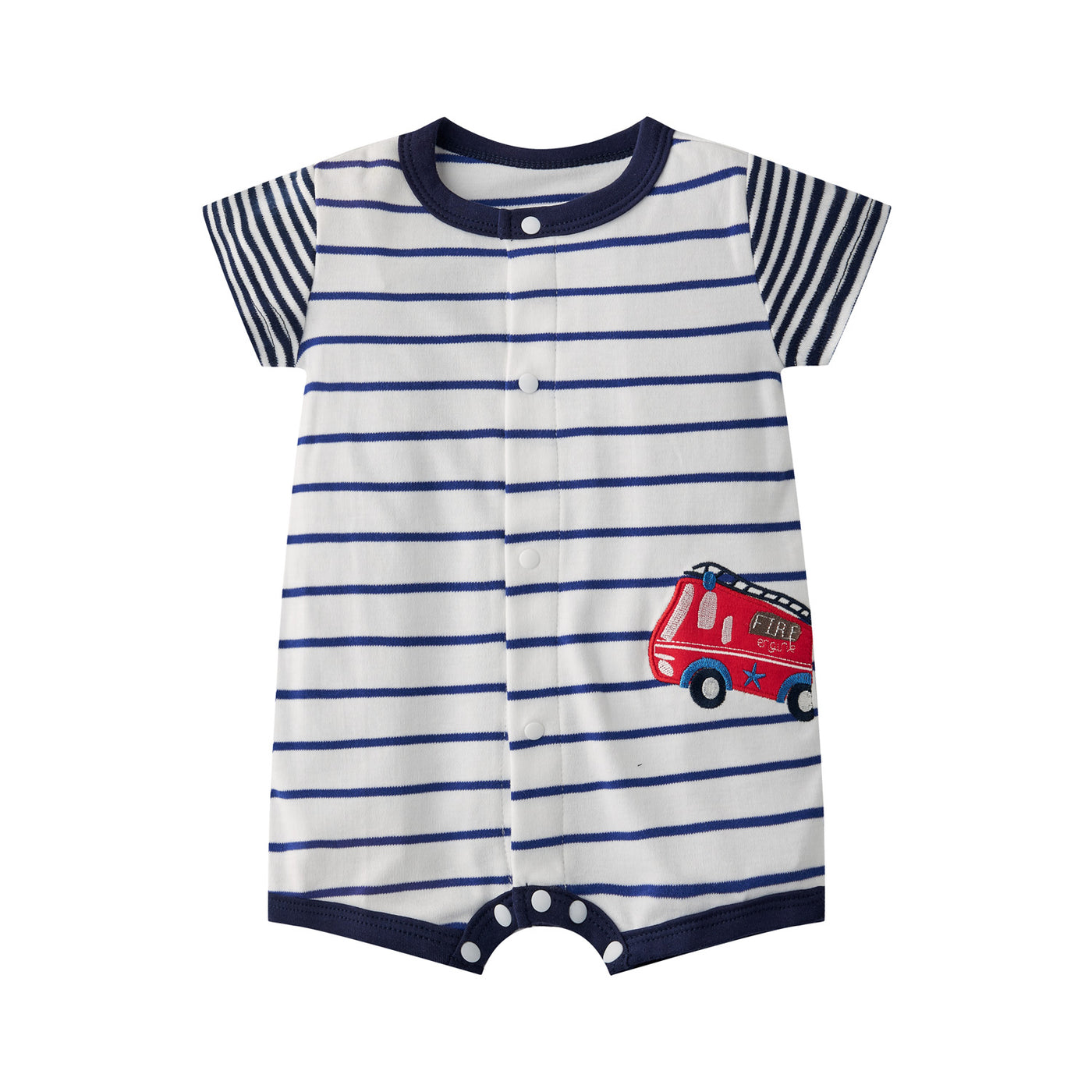 Baby Boy Embroidered Fire Engine Stripe Romper - Little Kooma