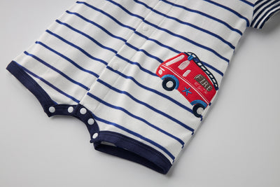 Baby Boy Embroidered Fire Engine Stripe Romper - Little Kooma