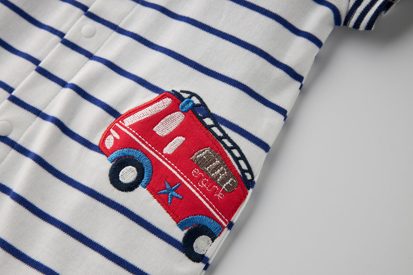 Baby Boy Embroidered Fire Engine Stripe Romper - Little Kooma