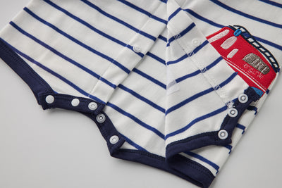 Baby Boy Embroidered Fire Engine Stripe Romper - Little Kooma