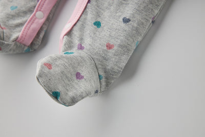 Baby Girl Embroidered Pink Heart Love Cookie Colorful Hearts Grey Button Sleepsuit All In One Jumpsuit - Little Kooma