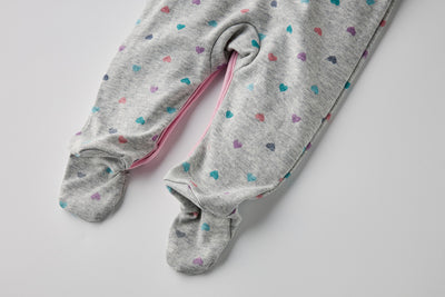 Baby Girl Embroidered Pink Heart Love Cookie Colorful Hearts Grey Button Sleepsuit All In One Jumpsuit - Little Kooma