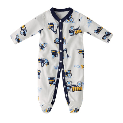 Baby Boy Truck Digger Bulldozer Tractor Vehicles Prints Button Sleepsuit All In One Jumpsuit - Little Kooma