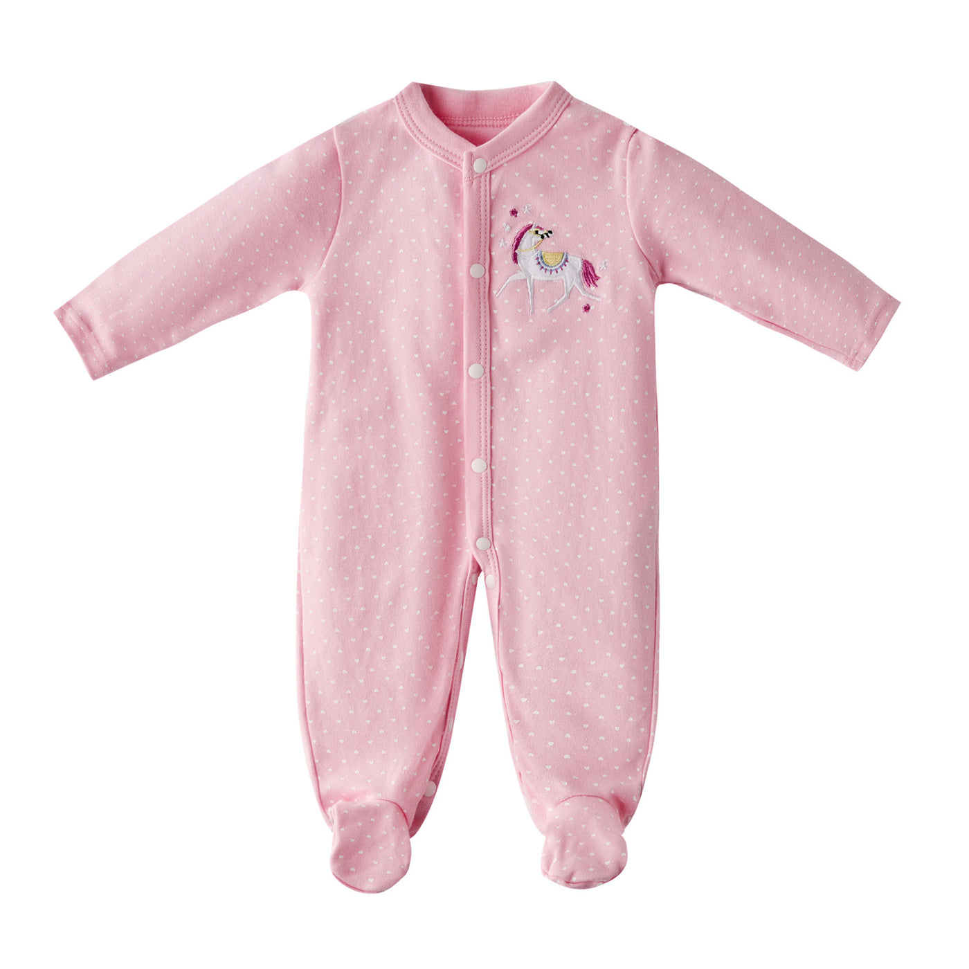 Baby Girl Embroidered Pink Horse Button Sleepsuit All In One Jumpsuit - Little Kooma