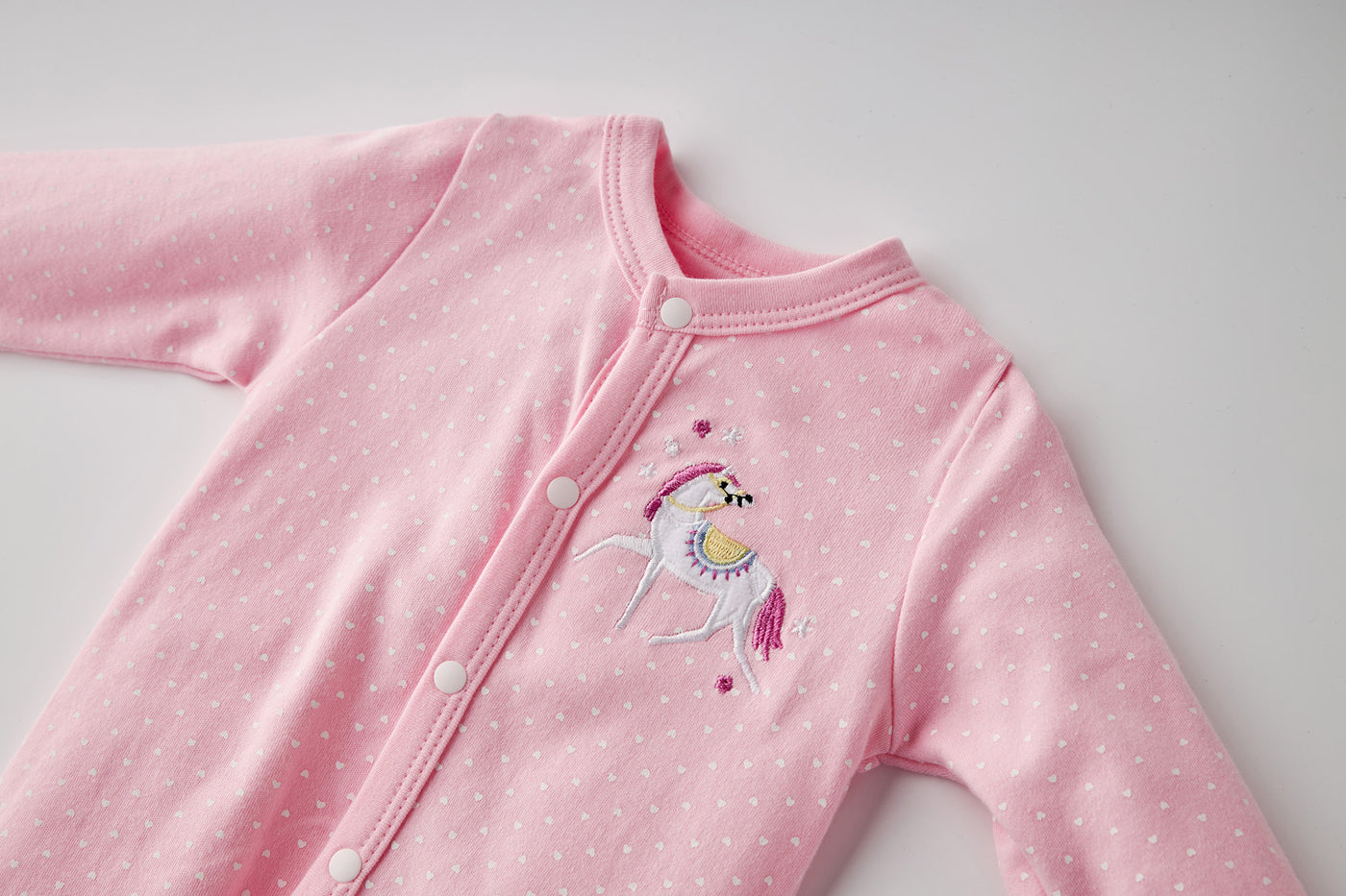 Baby Girl Embroidered Pink Horse Button Sleepsuit All In One Jumpsuit - Little Kooma