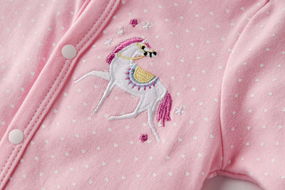 Baby Girl Embroidered Pink Horse Button Sleepsuit All In One Jumpsuit - Little Kooma