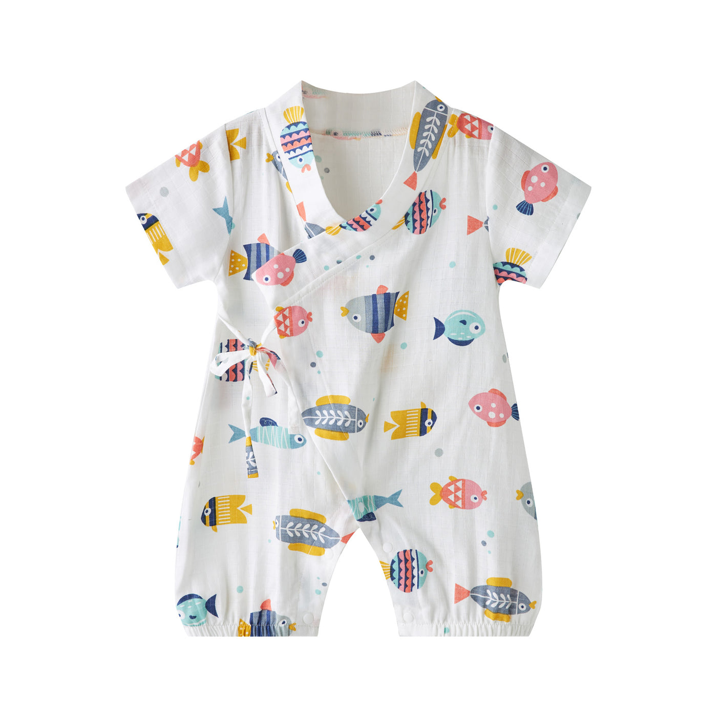 Baby Breathable Cotton Gauze Fabric Kimono Romper White w Fishes - Little Kooma