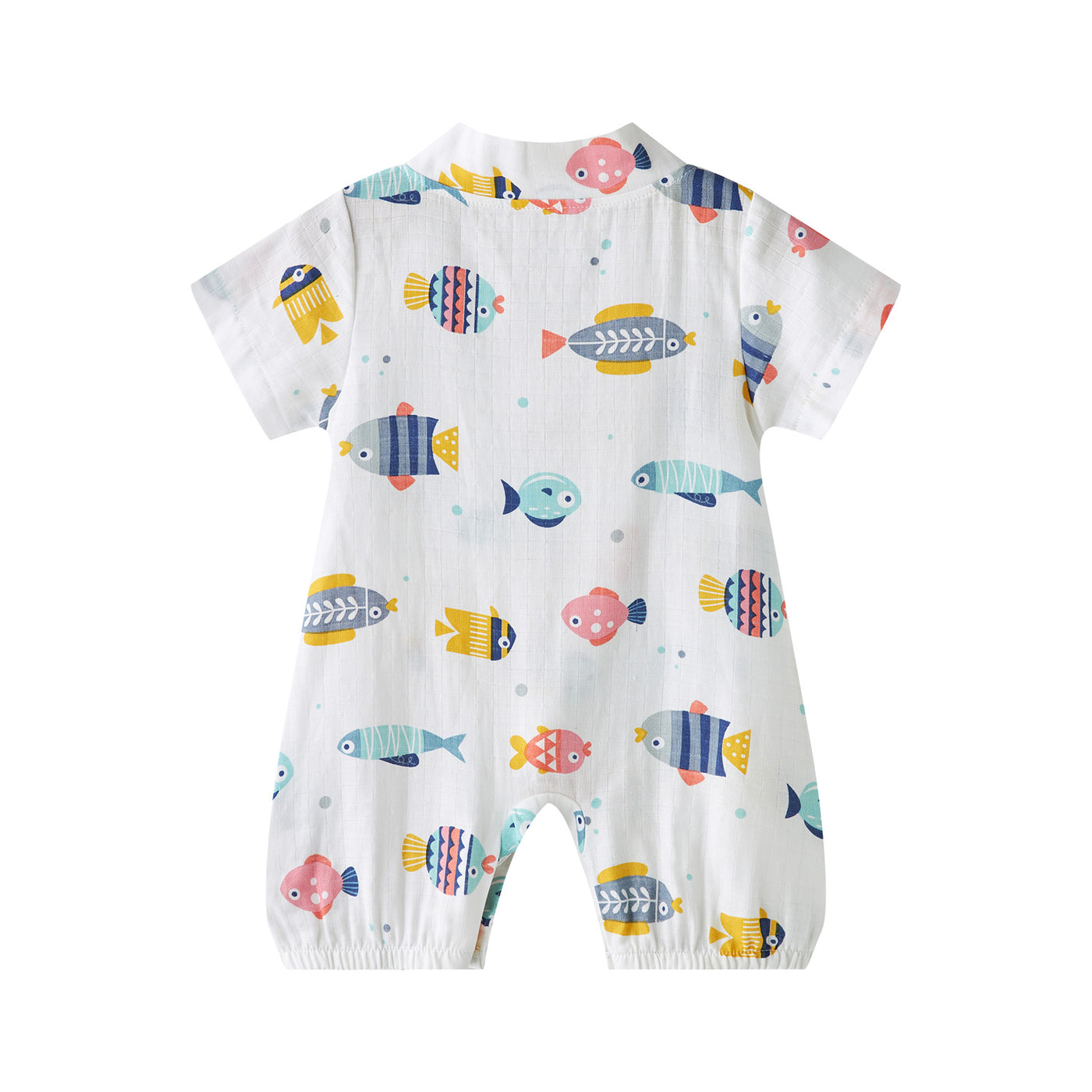 Baby Breathable Cotton Gauze Fabric Kimono Romper White w Fishes - Little Kooma