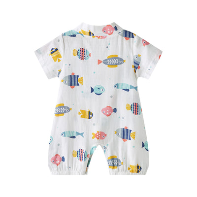 Baby Breathable Cotton Gauze Fabric Kimono Romper White w Fishes - Little Kooma