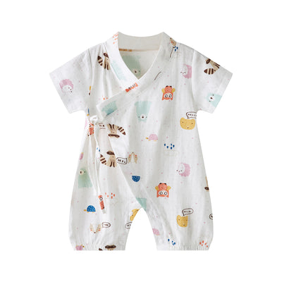 Baby Breathable Cotton Gauze Fabric Kimono Romper White w Animals - Little Kooma