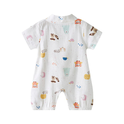 Baby Breathable Cotton Gauze Fabric Kimono Romper White w Animals - Little Kooma