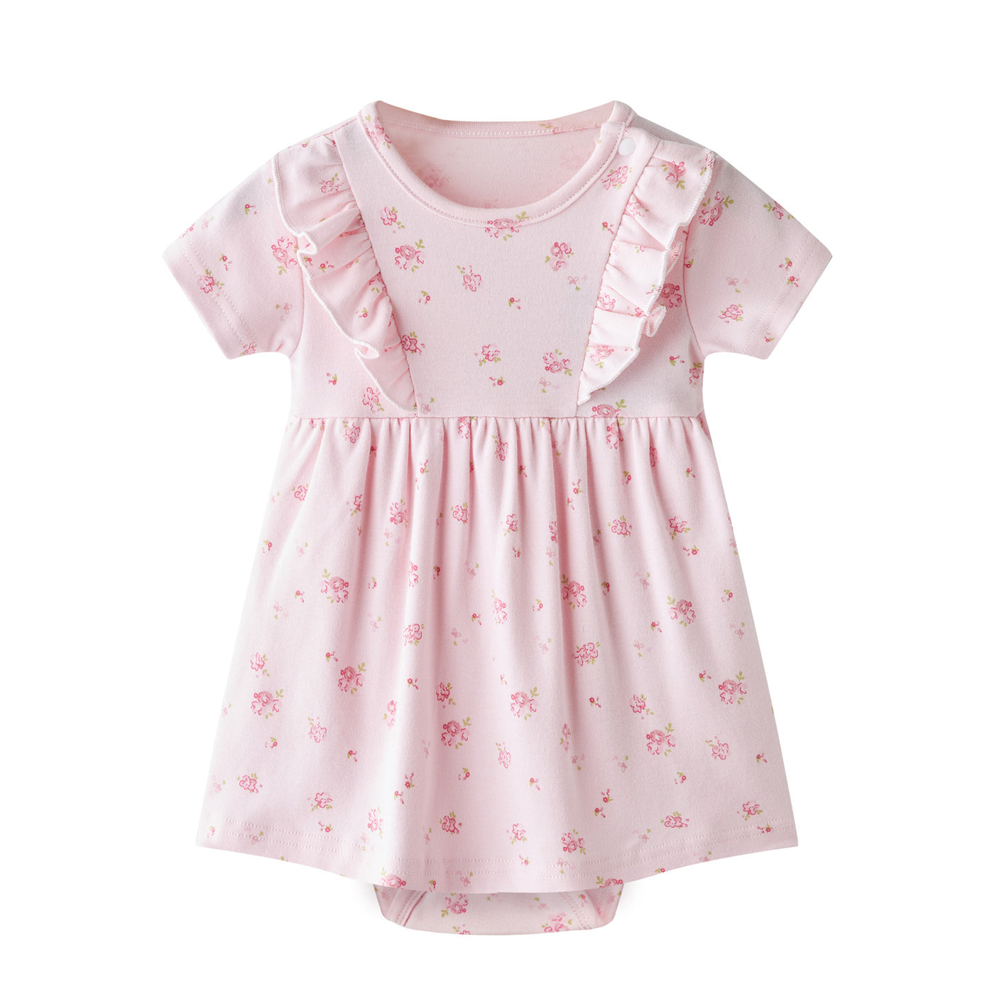 Baby Girl Short Sleeves Ruffled Bodysuit Dress Pink w Roses - Little Kooma