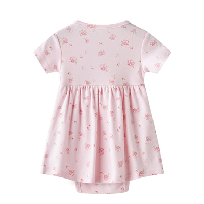 Baby Girl Short Sleeves Ruffled Bodysuit Dress Pink w Roses - Little Kooma