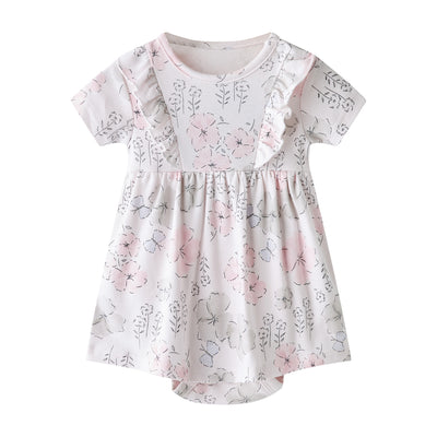 Baby Girl Short Sleeves Ruffled Bodysuit Dress Light Pink w Butterflies n Flowers - Little Kooma