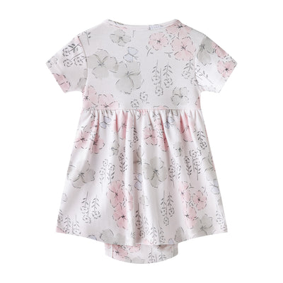 Baby Girl Short Sleeves Ruffled Bodysuit Dress Light Pink w Butterflies n Flowers - Little Kooma