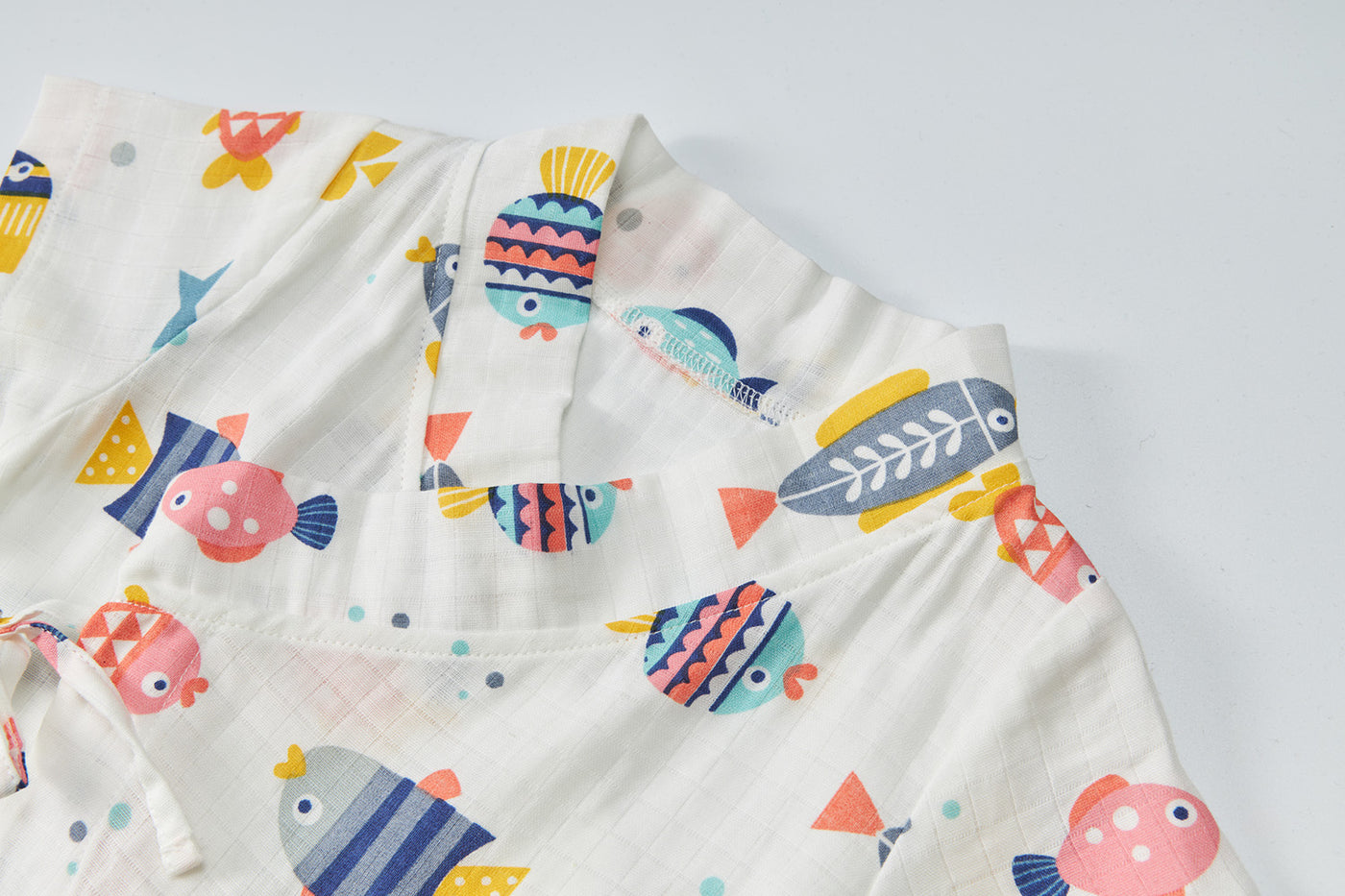 Baby Breathable Cotton Gauze Fabric Kimono Romper White w Fishes - Little Kooma